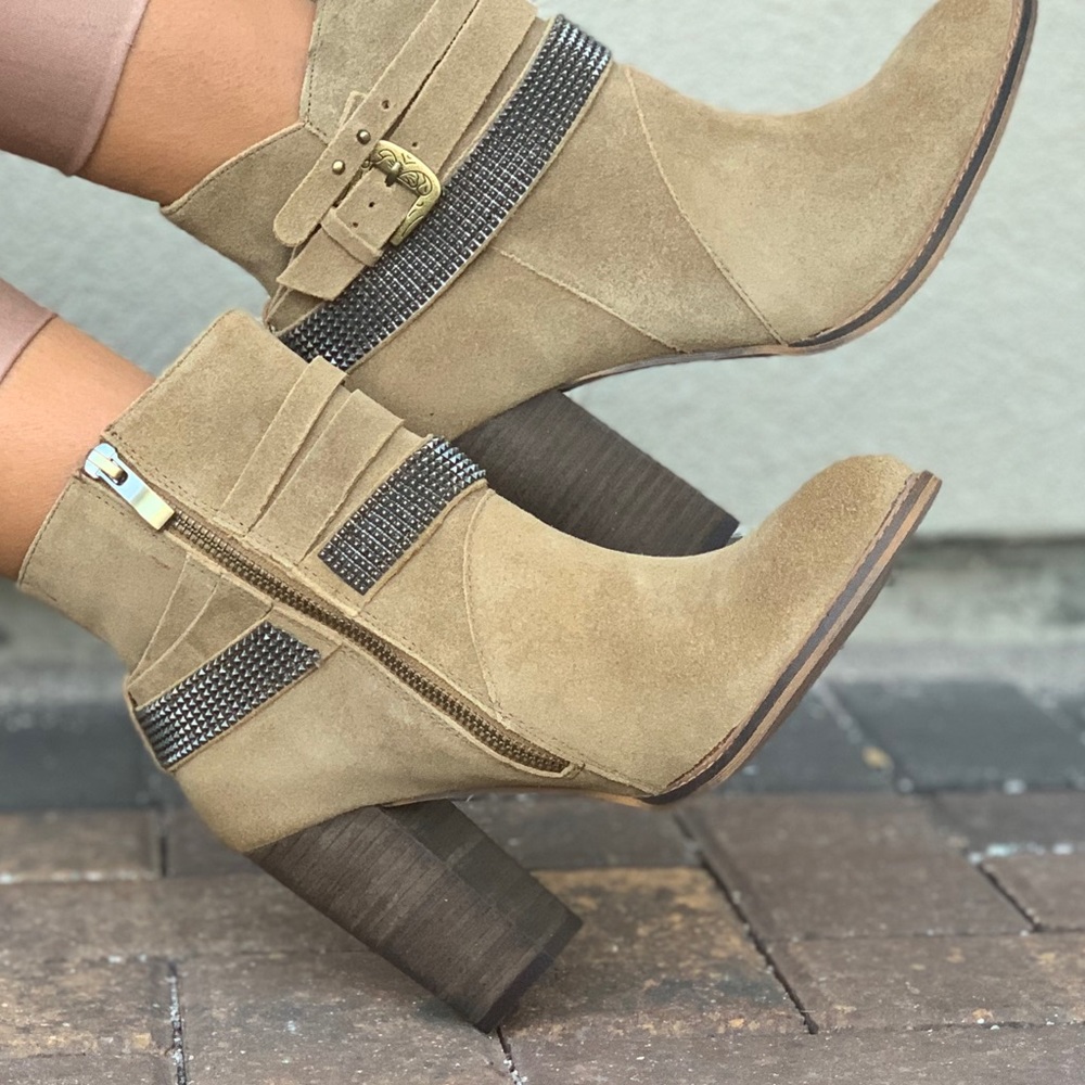 Tan Genuine Suede Buckle Embellished Ankle Booties - Picture 8 of 8